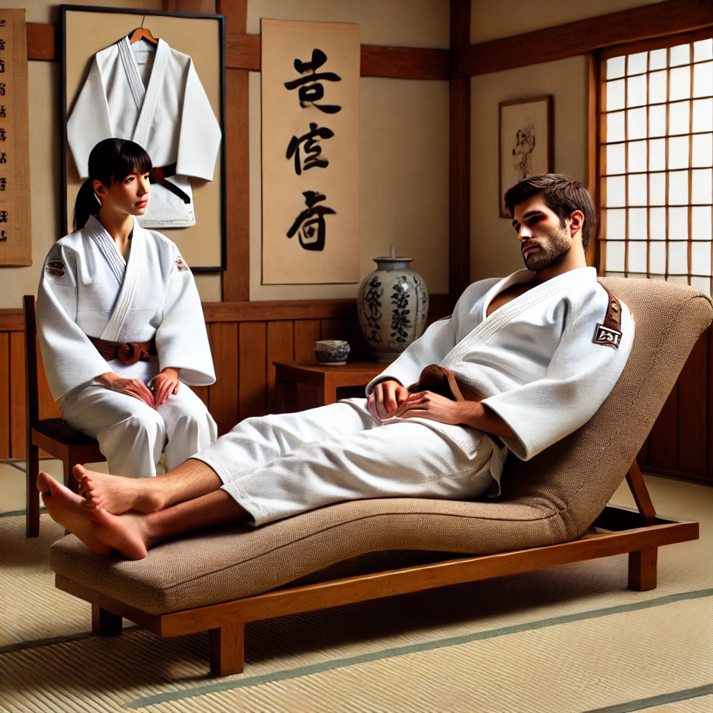 Judoca deitado em divã de psicanalista em um dojo, enquanto uma psicanalista vestida de judoca o observa, simbolizando a prática da psicanálise