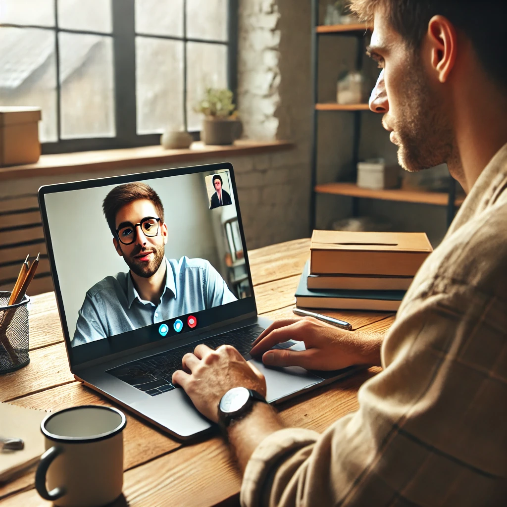 Um homem participando de uma sessão de psicanálise online, interagindo com seu psicanalista através de uma chamada de vídeo em um laptop. A cena retrata um ambiente de trabalho aconchegante e bem iluminado, refletindo a seriedade e a concentração no processo terapêutico.