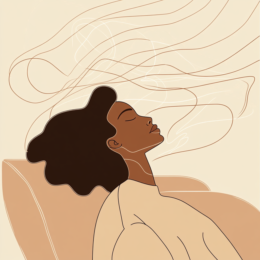 Ilustração que mostra uma pessoa com nuvens saindo de sua cabeça, em um formato que simboliza percepção do autoconhecimento, para representar os resultados durante e após uma sessão de análise e terapia de psicanálise.