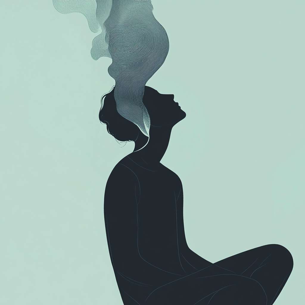 Ilustração que mostra uma pessoa com nuvens saindo de sua cabeça, em um formato que simboliza percepção do autoconhecimento, para representar os resultados durante e após uma sessão de análise e terapia de psicanálise. 